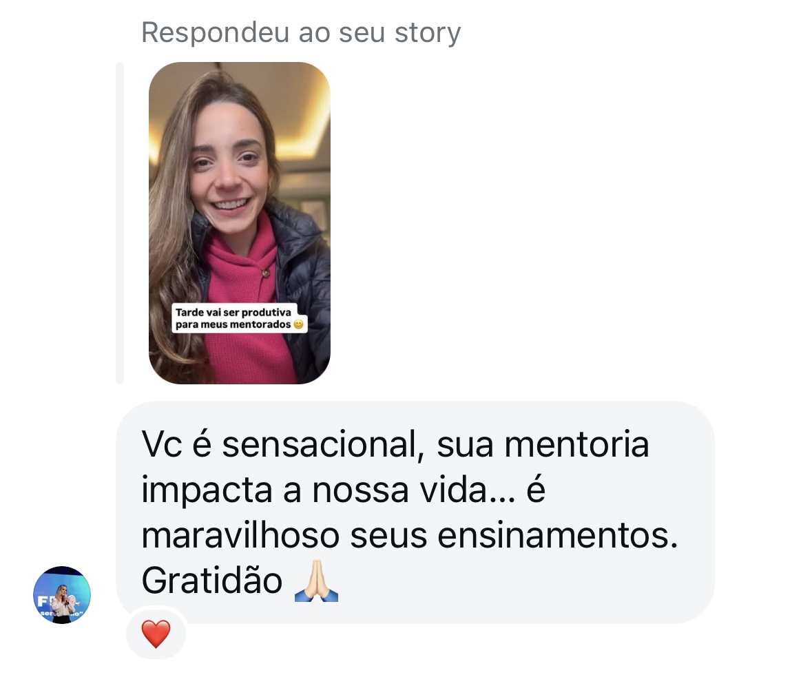 Print de mensagem da Alessandra elogiando a mentoria de Thaís Maia